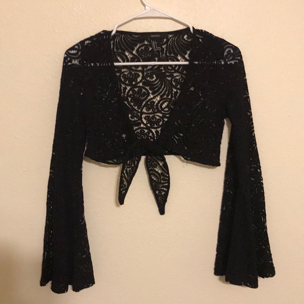Bell Sleeve Lace Tie Crop Top